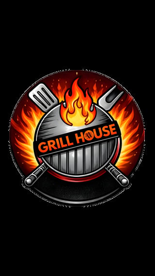 Grill House logo featuring a circular grill with flames, crossed spatula and fork, on a black background
