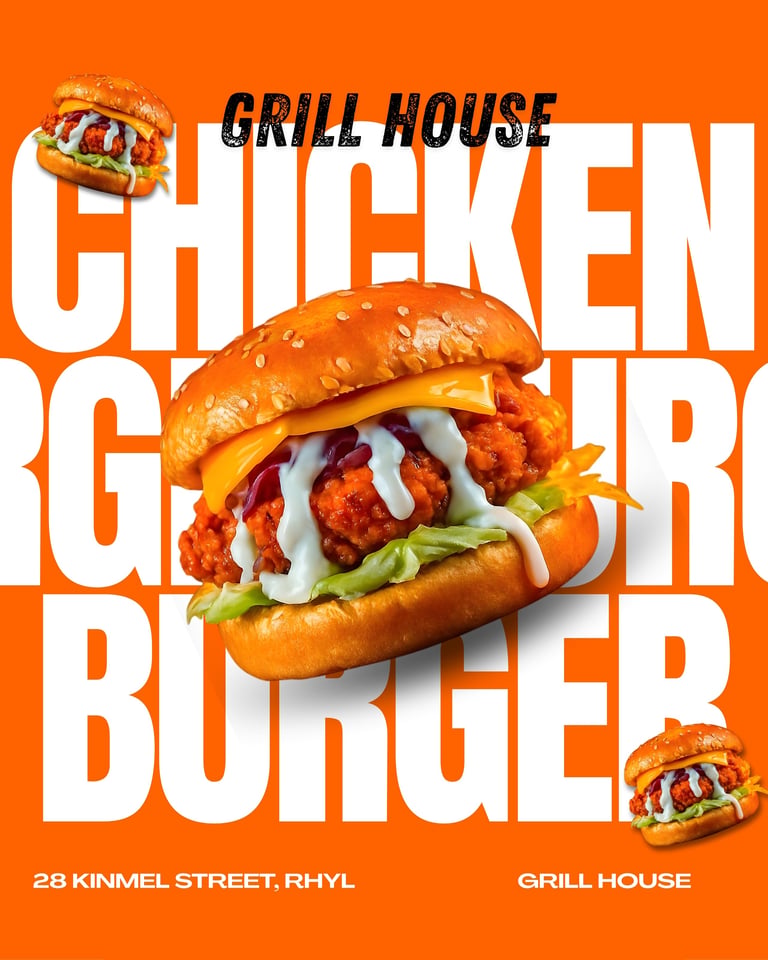 Grill House chicken burger promotional poster featuring a crispy fried chicken sandwich with white sauce and lettuce on an orange background