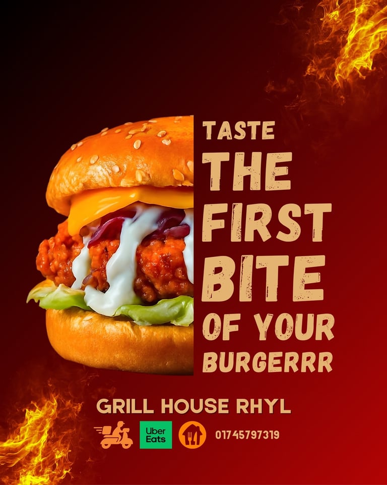 Promotional poster for Grill House Rhyl featuring a large crispy fried chicken burger with sauce and lettuce on a sesame seed bun, surrounded by flames against a dark red background with text promoting the burger